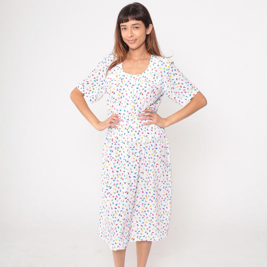 80s Liz Petites Jelly Bean Candy Print Dress White Knee-Length Medium