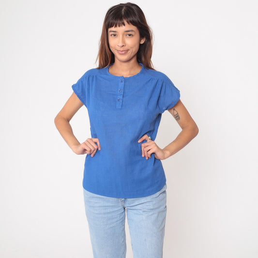 80s Catalina Cotton Blue Button Blouse Gathered Yoke Cap Sleeves Medium