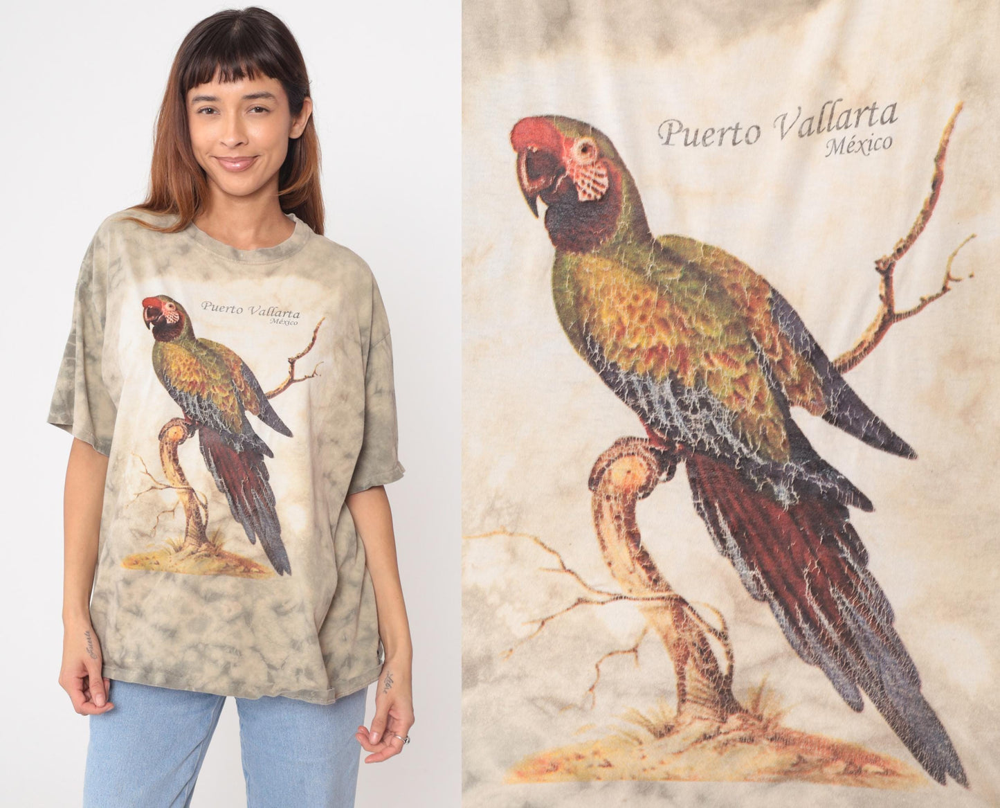 90s Yazbek Puerto Vallarta Mexico Parrot Tie-Dye Tee Cotton Extra Large XL