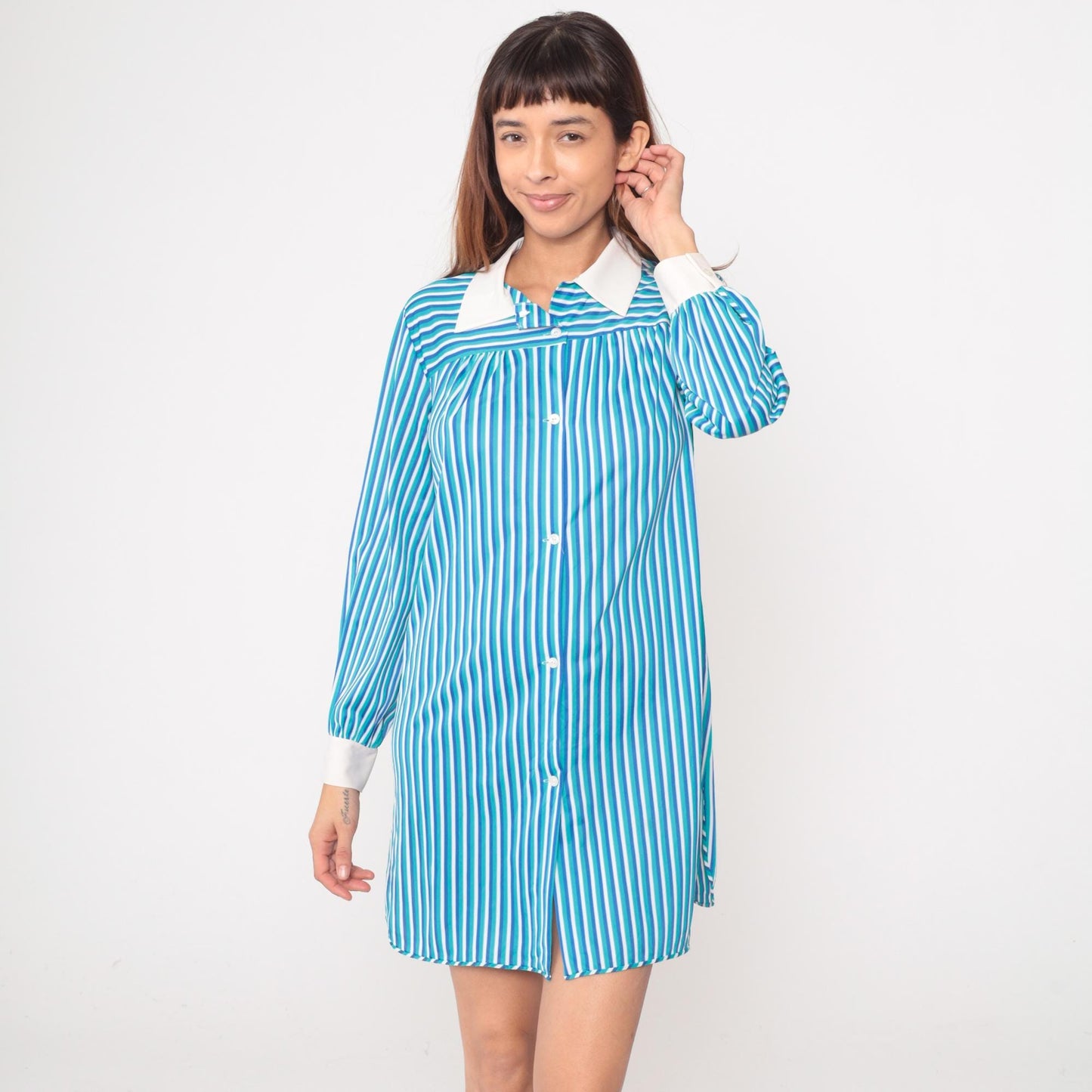 60s Blue White Striped Mini Dress Button Front Mod Shift Medium