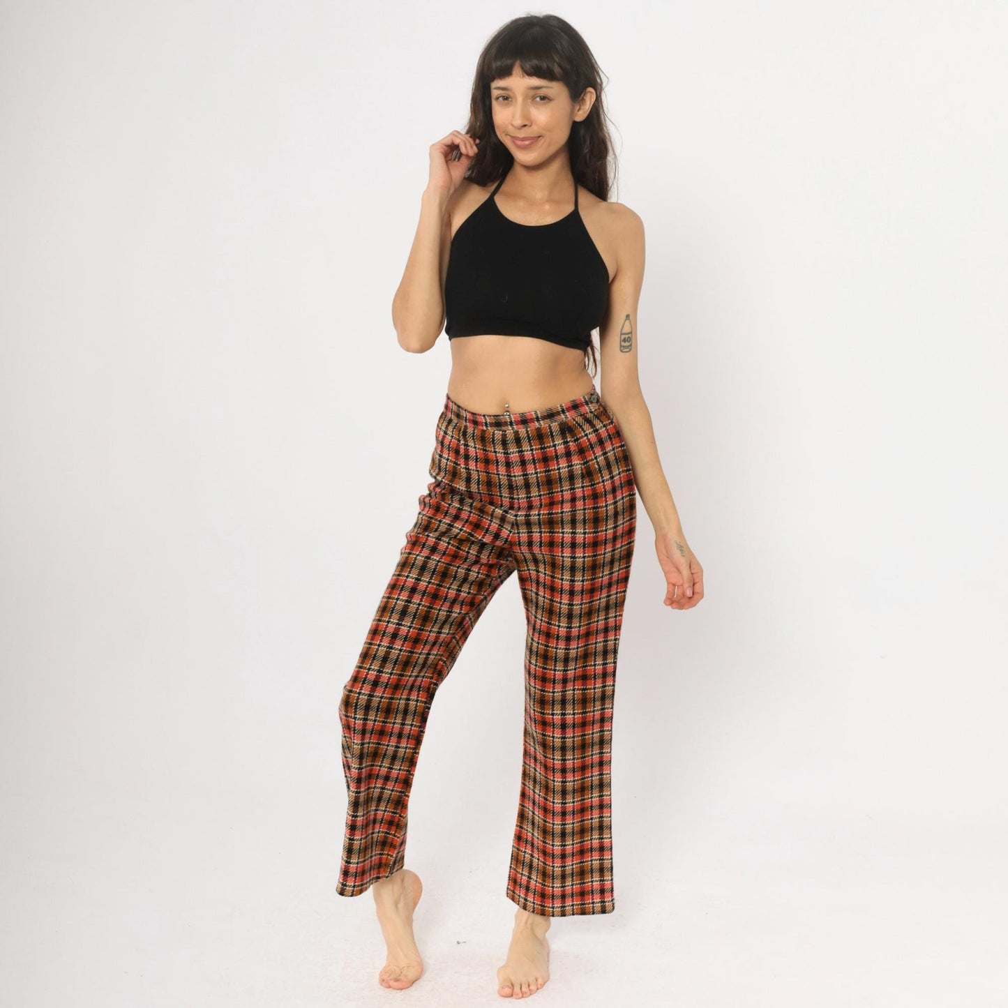 70s Plaid Wide Leg Trousers High Waisted Orange Brown Black Houndstooth Small