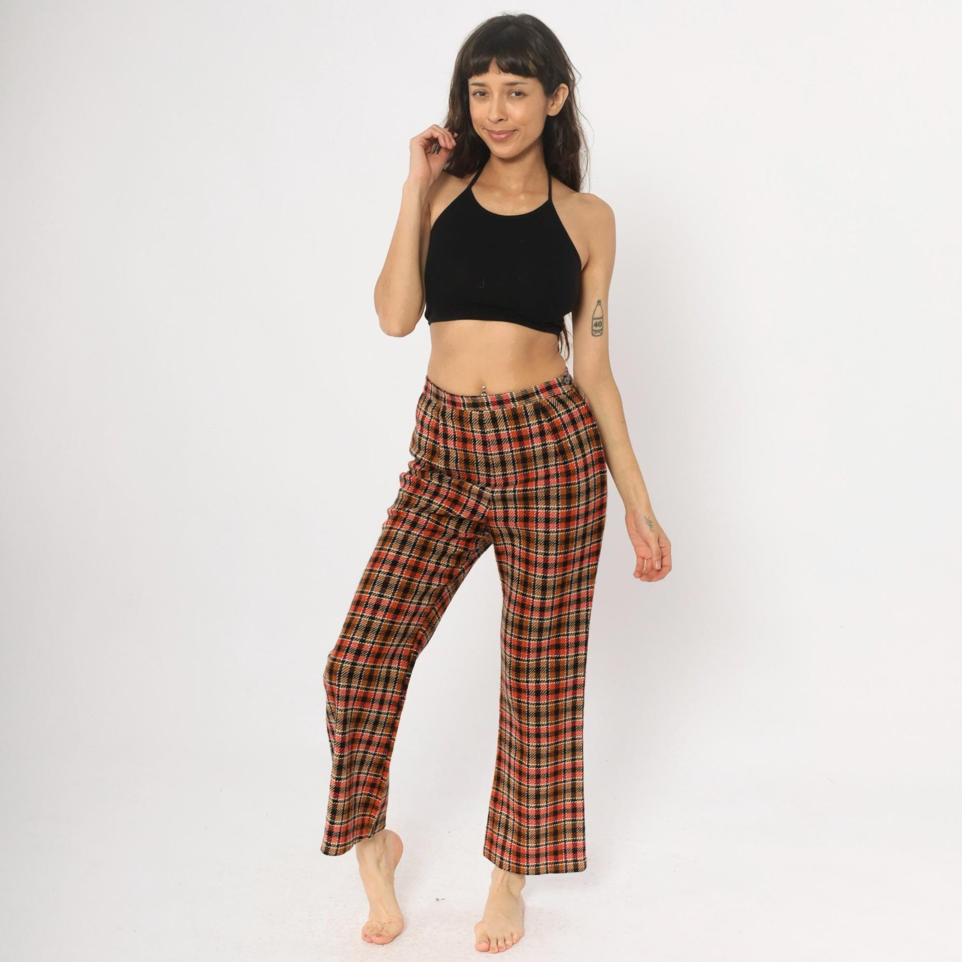 70s Plaid Wide Leg Trousers High Waisted Orange Brown Black Houndstooth Small