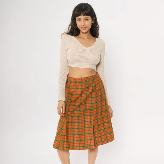 70s Orange Green Plaid A-Line Skirt Knee Length Wrap Small