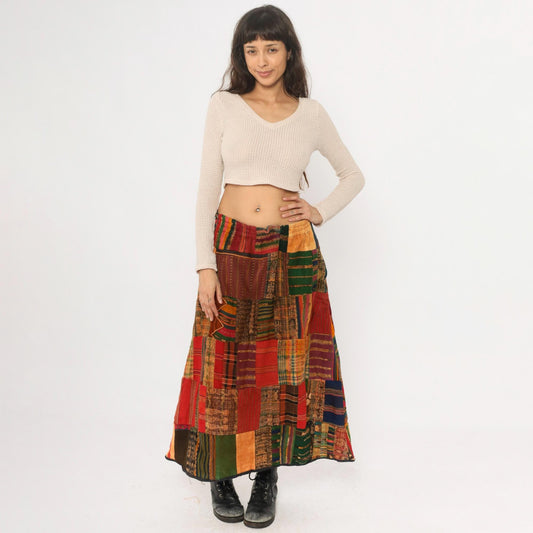 90s Patchwork A-Line Skirt Multicolor Ethnic Striped Cotton Ankle Length Medium
