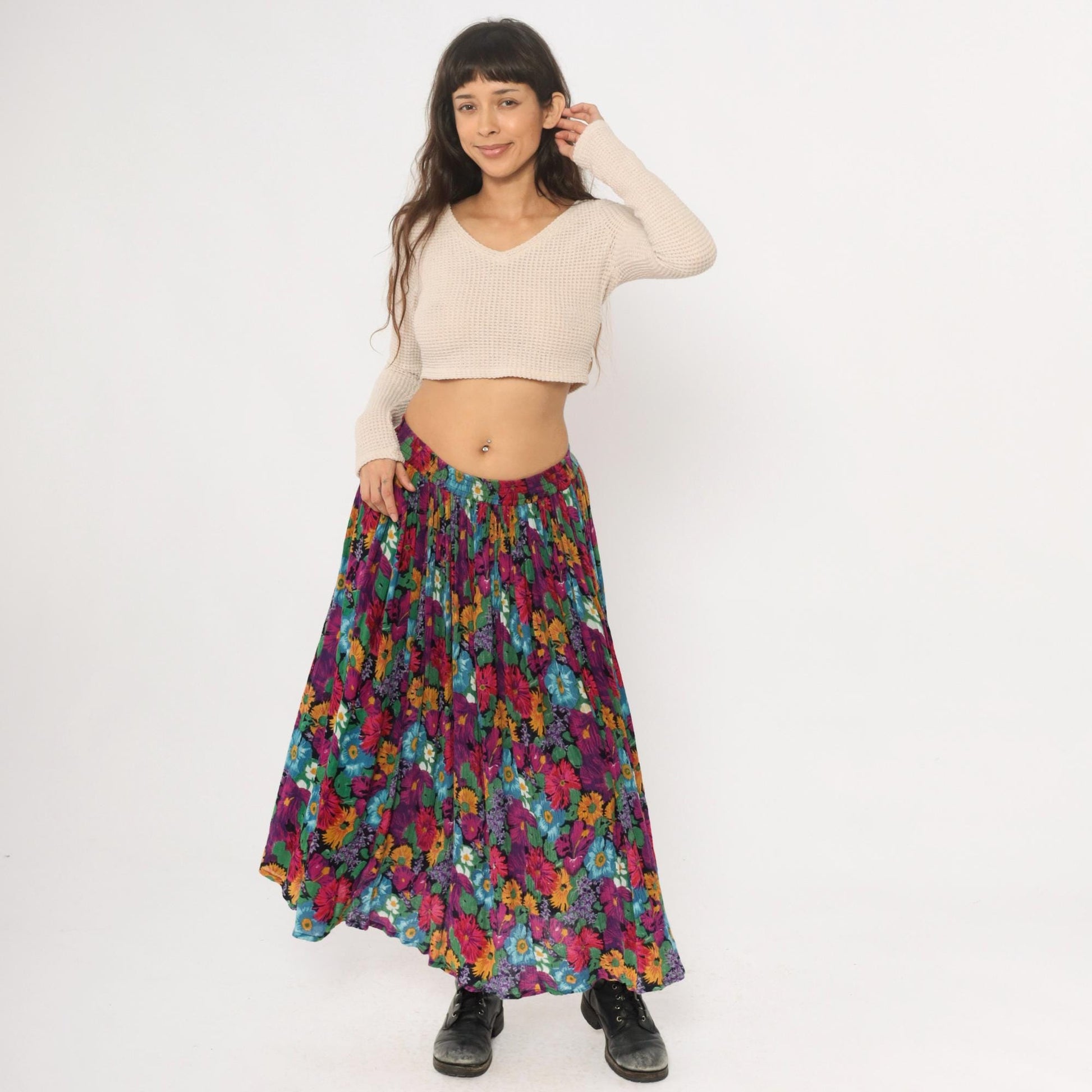 90s Jane Ashley Floral Maxi Skirt Purple Multicolor Gathered Large L