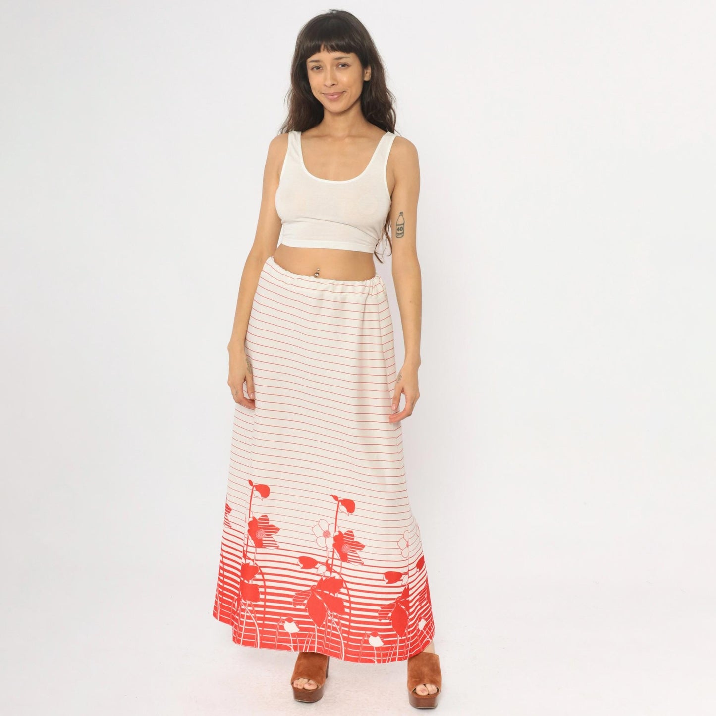 70s Floral Striped Maxi Skirt Red White Cream Elastic Waist A-Line Medium