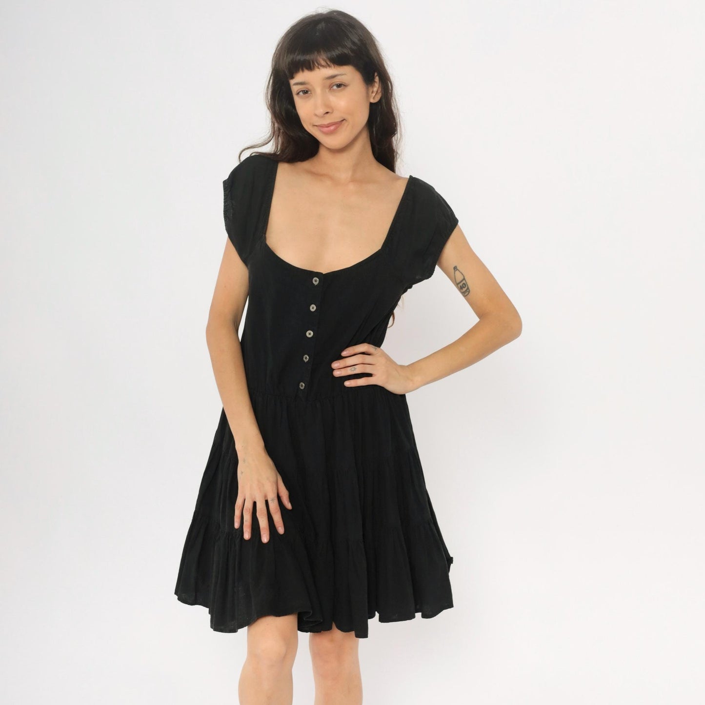 90s Black Cotton Prairie Mini Dress Tiered Skirt Cap Sleeve Medium