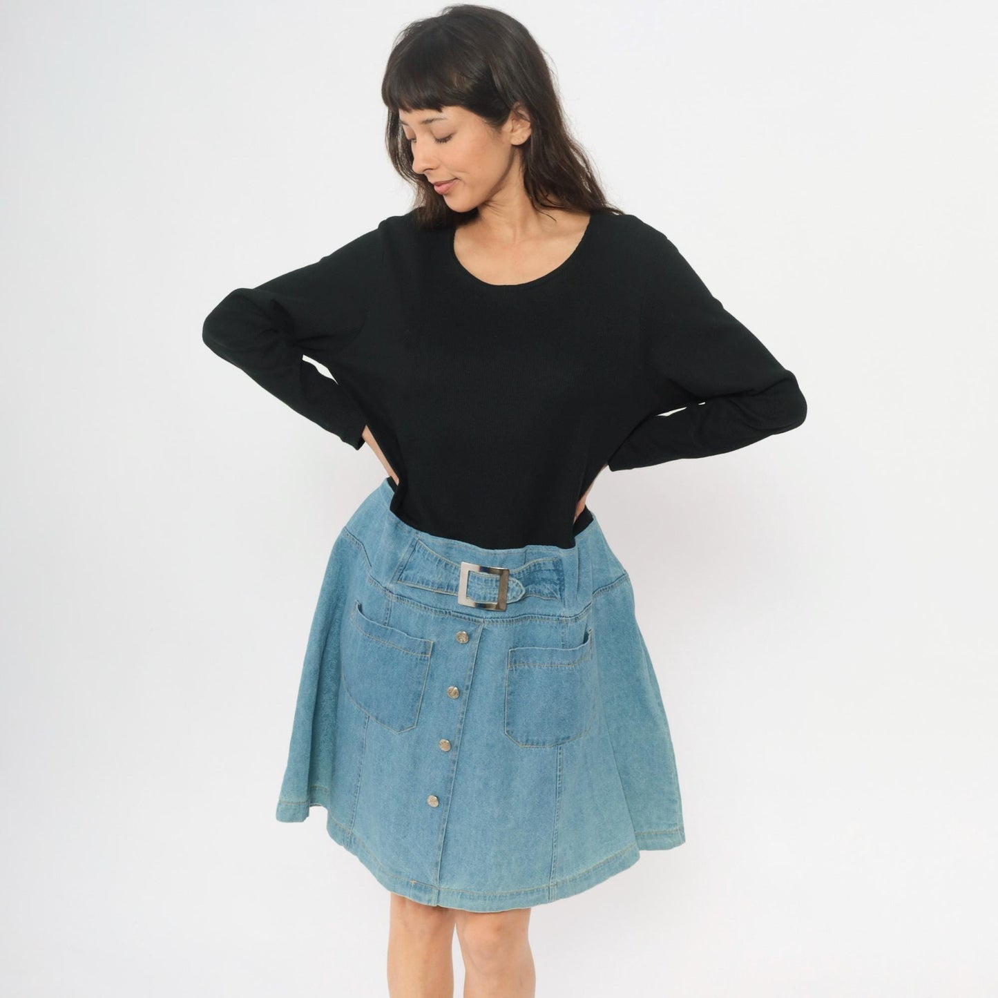90s Diana Marco Denim Dress Black Chambray Two Tone Belted Extra Large XL