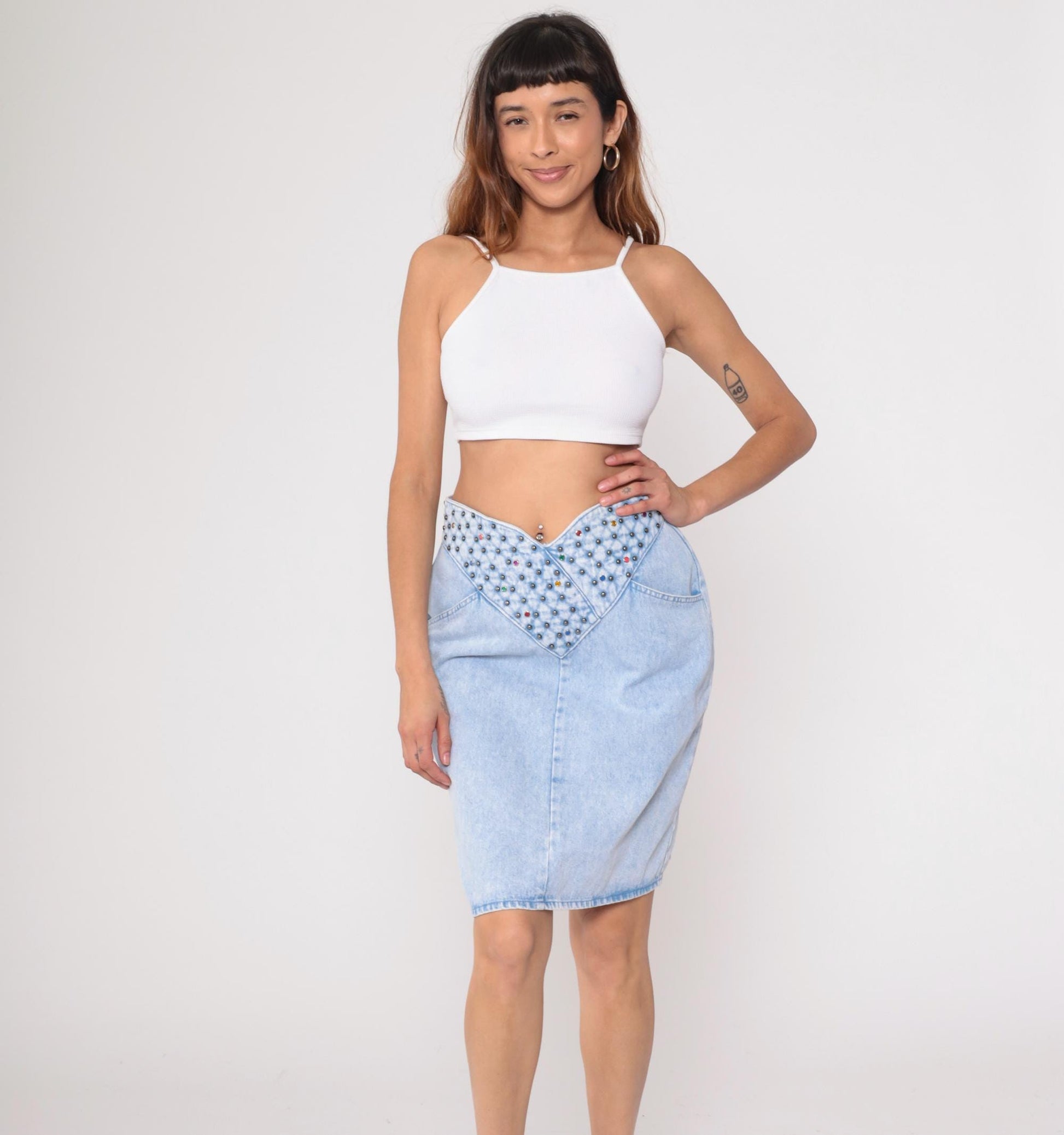 90s Opal Light Blue Studded Denim Mini Skirt Rhinestone High Waist Medium