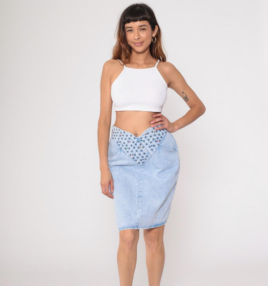 90s Opal Light Blue Studded Denim Mini Skirt Rhinestone High Waist Medium
