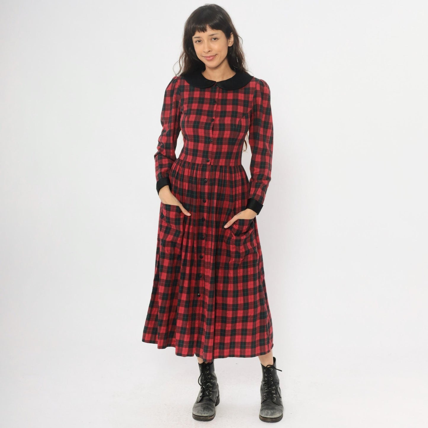 90s St Simon Red Black Plaid Midi Dress Peter Pan Collar Small S