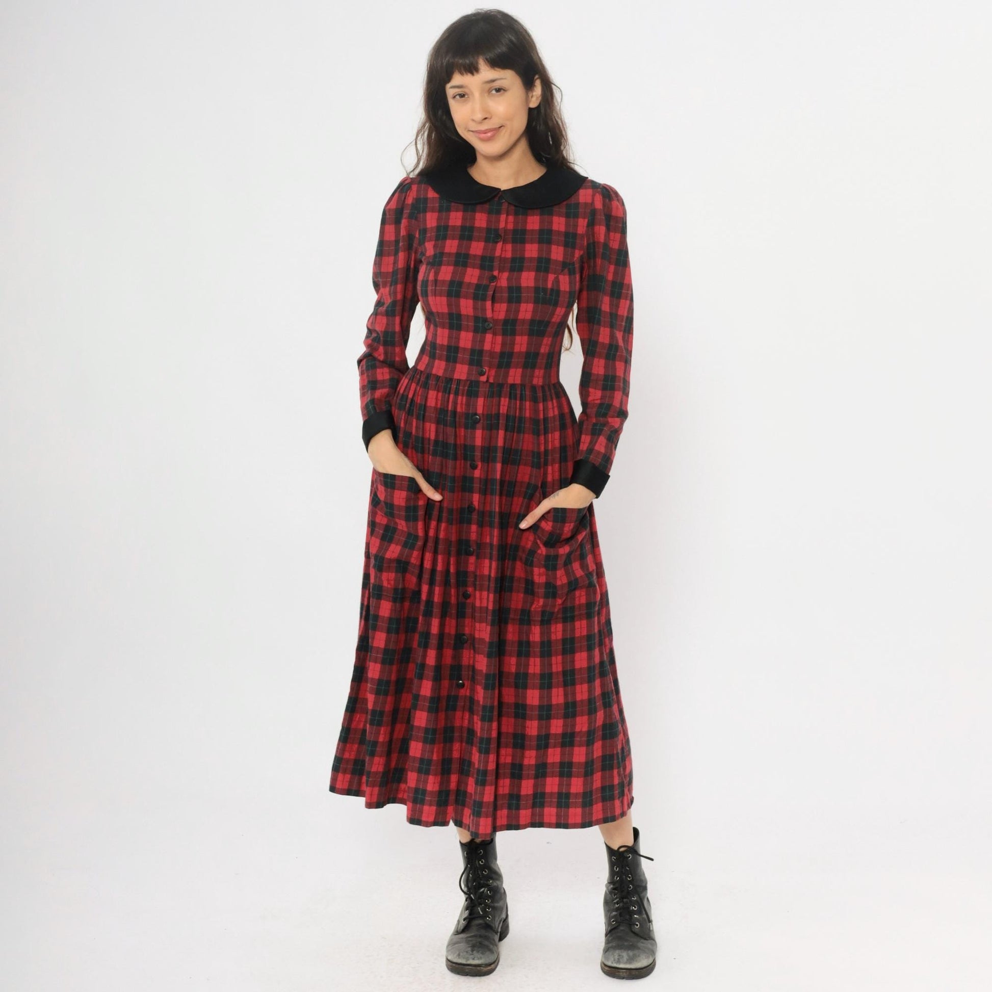 90s St Simon Red Black Plaid Midi Dress Peter Pan Collar Small S