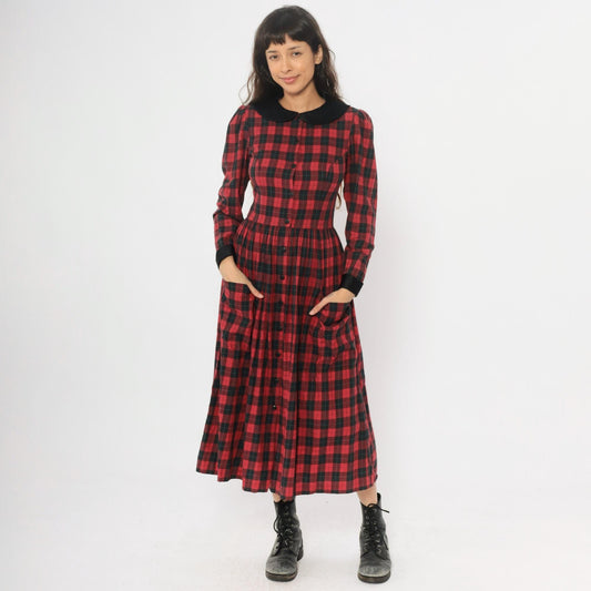 90s St Simon Red Black Plaid Midi Dress Peter Pan Collar Small S