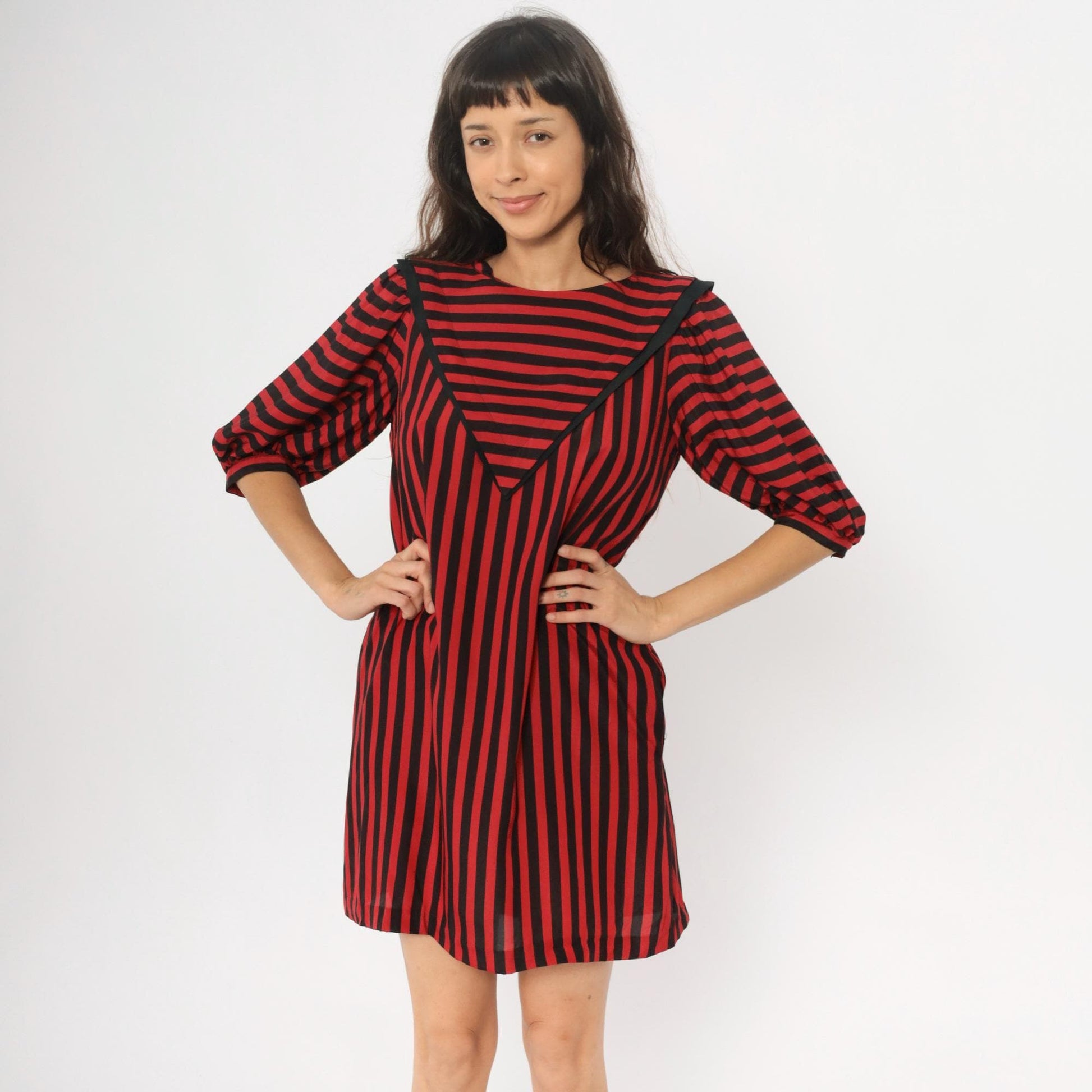90s Liz Claiborne Striped Shift Dress Red Black Puff Sleeves Medium M