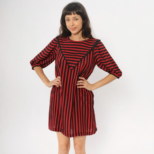 90s Liz Claiborne Striped Shift Dress Red Black Puff Sleeves Medium M