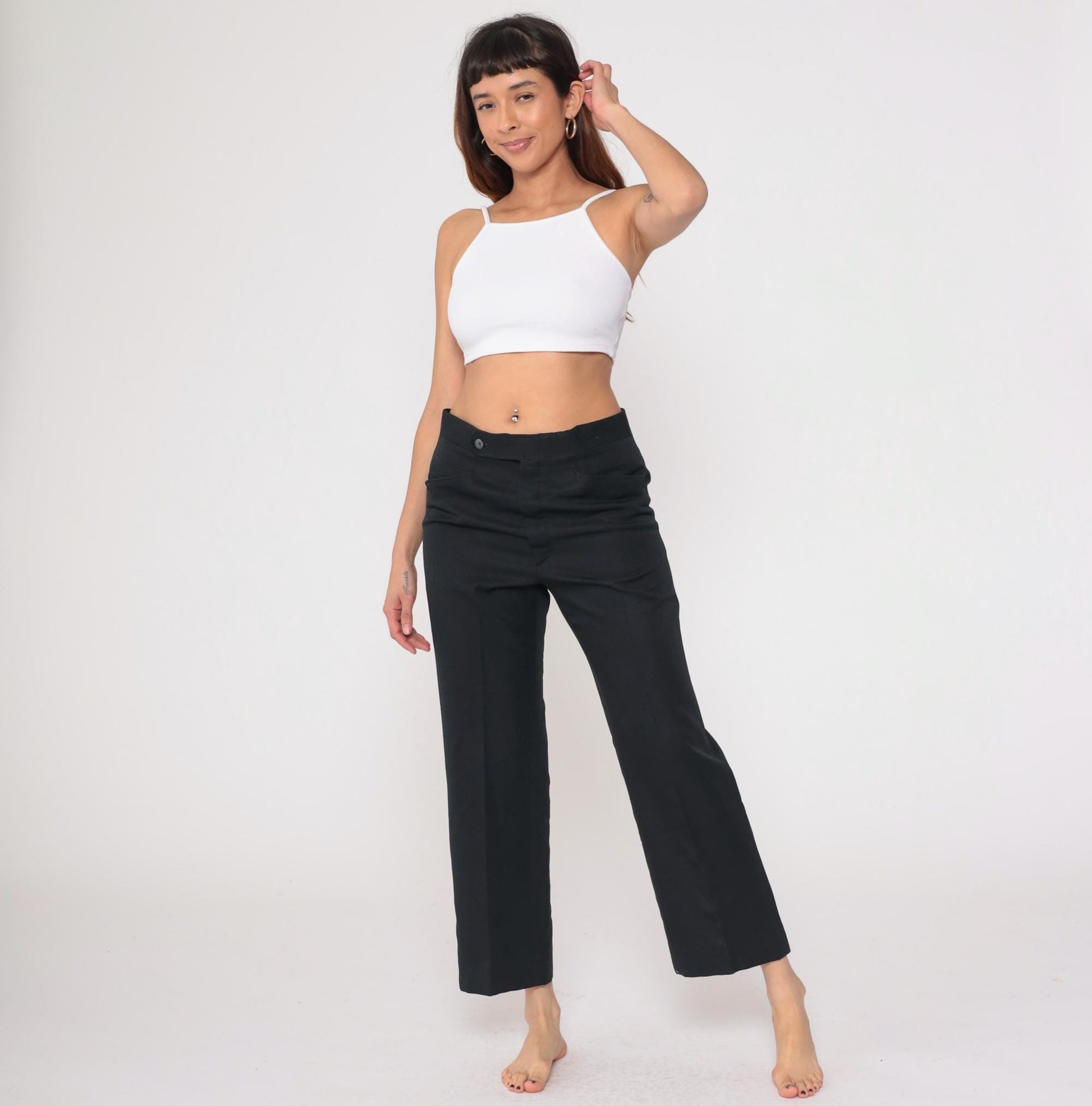 70s Black Expand-O-Matic High Waist Straight Leg Trousers Cropped Medium