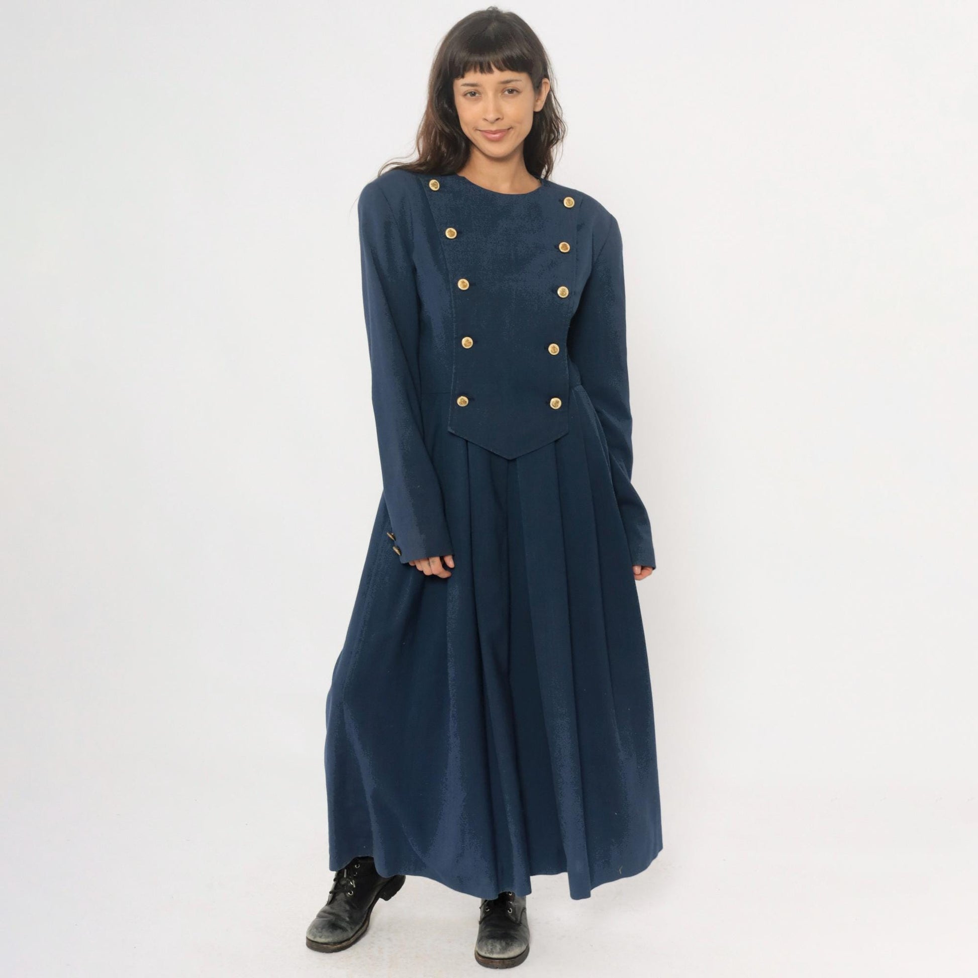 80s Navy Military Double-Breasted Maxi Dress Gold Buttons Large L