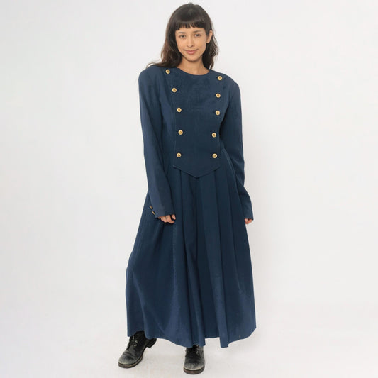 80s Navy Military Double-Breasted Maxi Dress Gold Buttons Large L