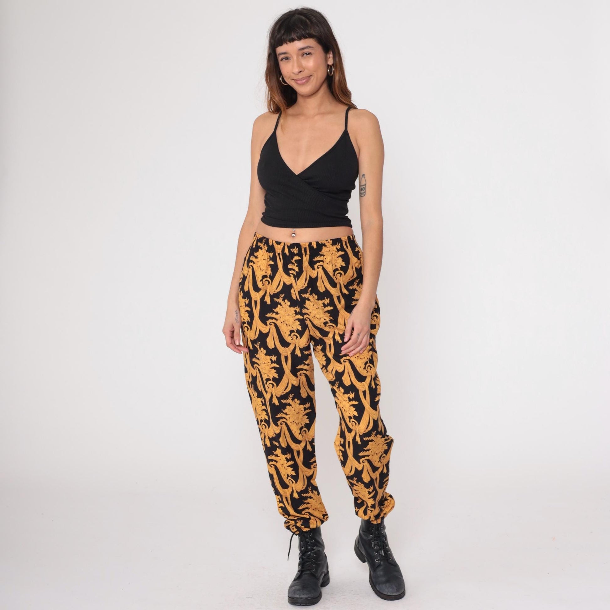 90s Judy Knapp Black Gold Baroque Damask Pants Elastic Waist Medium M