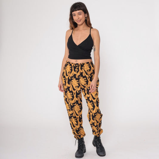 90s Judy Knapp Black Gold Baroque Damask Pants Elastic Waist Medium M