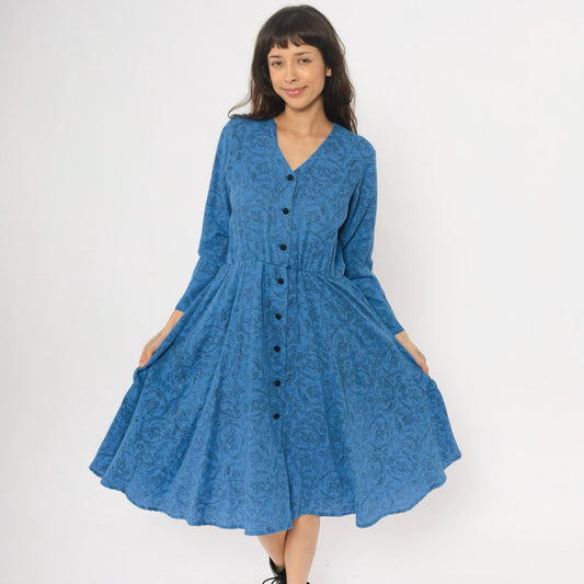 80s Blue Paisley Button-Front Dress V-Neck Long Sleeve Gathered Waist Medium M