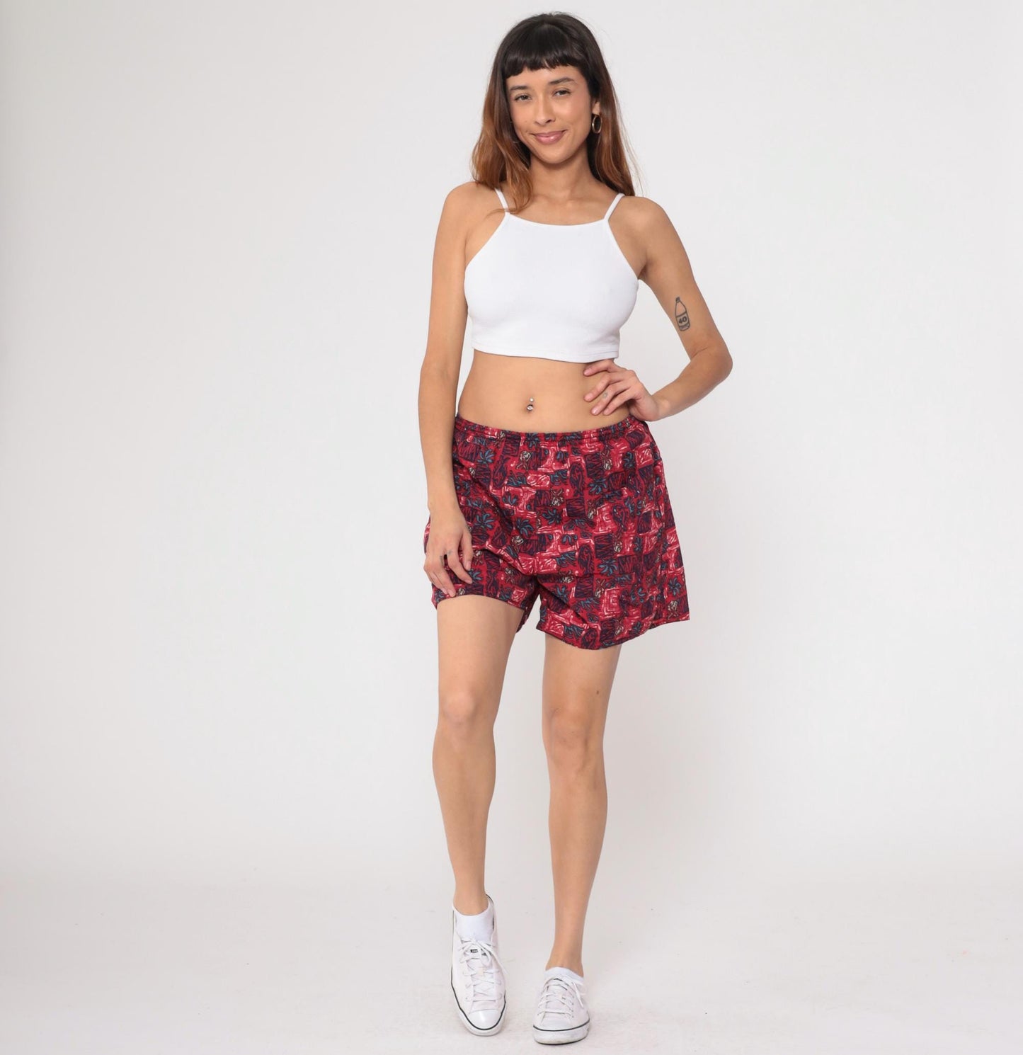 90s Newport Blue Tropical Swim Shorts Red Floral High Rise Medium