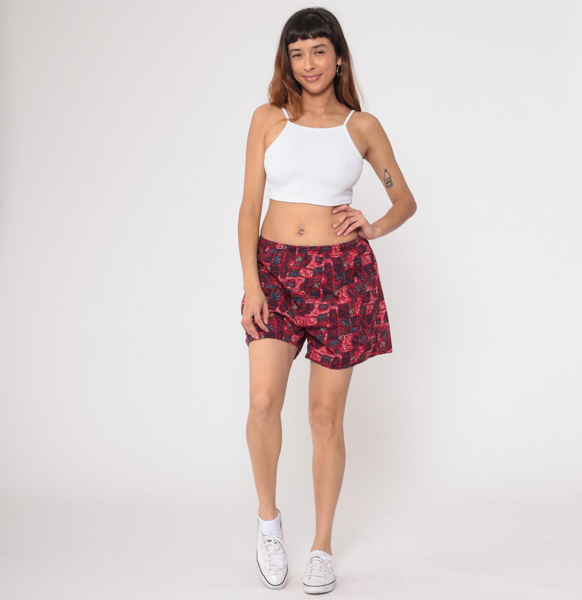 90s Newport Blue Tropical Swim Shorts Red Floral High Rise Medium