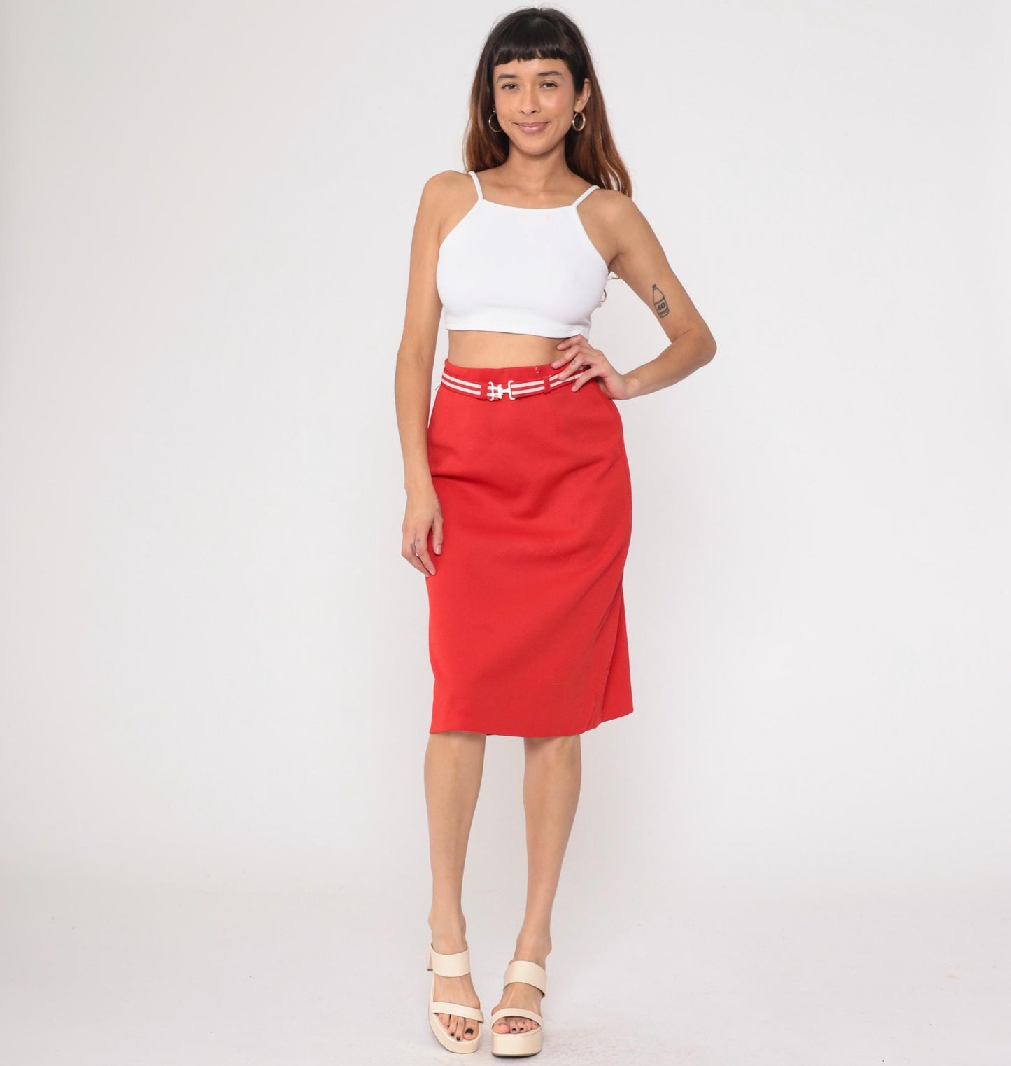 80s Act 3 Red Pencil Skirt White Striped Belt Knee-Length Medium