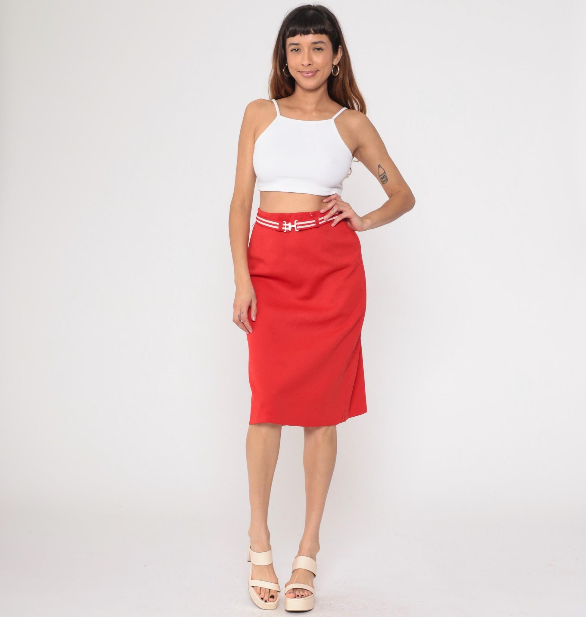 80s Act 3 Red Pencil Skirt White Striped Belt Knee-Length Medium