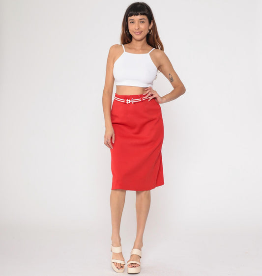 80s Act 3 Red Pencil Skirt White Striped Belt Knee-Length Medium