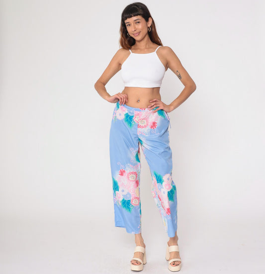 Y2K Natori Floral Pajama Pants Periwinkle Cropped Medium M