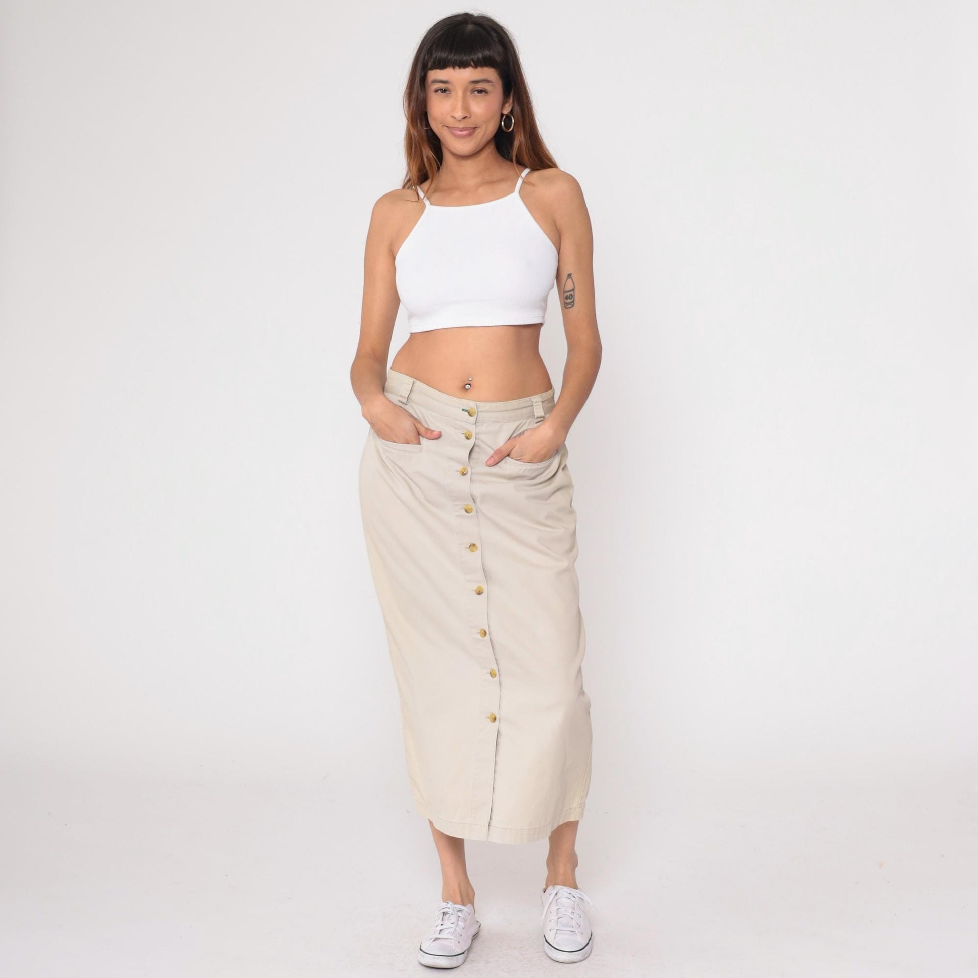 90s Tommy Hilfiger Khaki Skirt Cotton High Waist Button Front Large