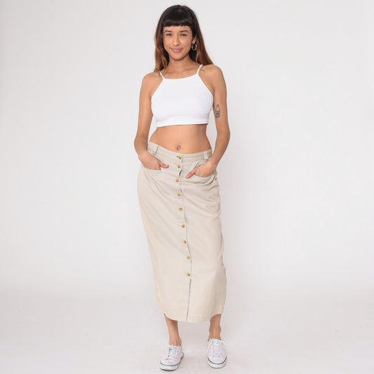90s Tommy Hilfiger Khaki Skirt Cotton High Waist Button Front Large