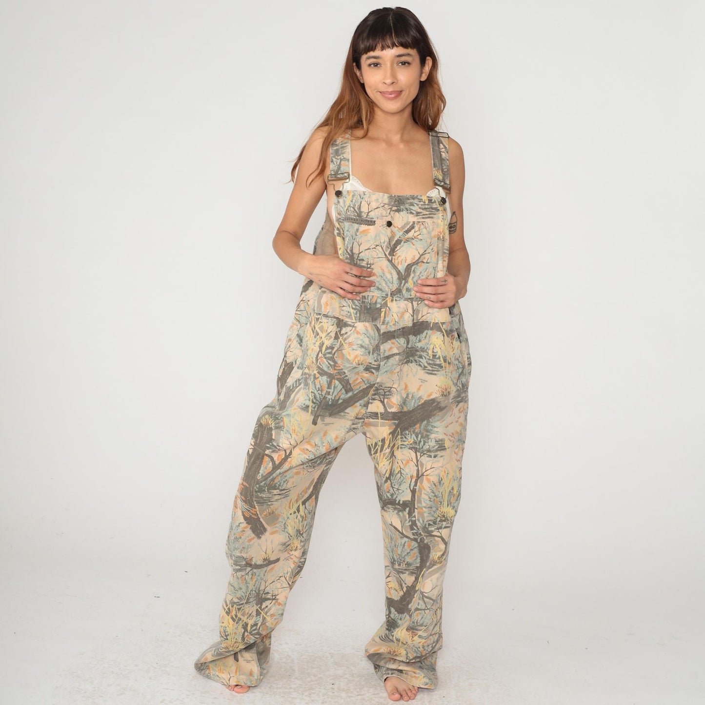 90s Everywear West Nature Print Overalls Wide Leg Beige XL