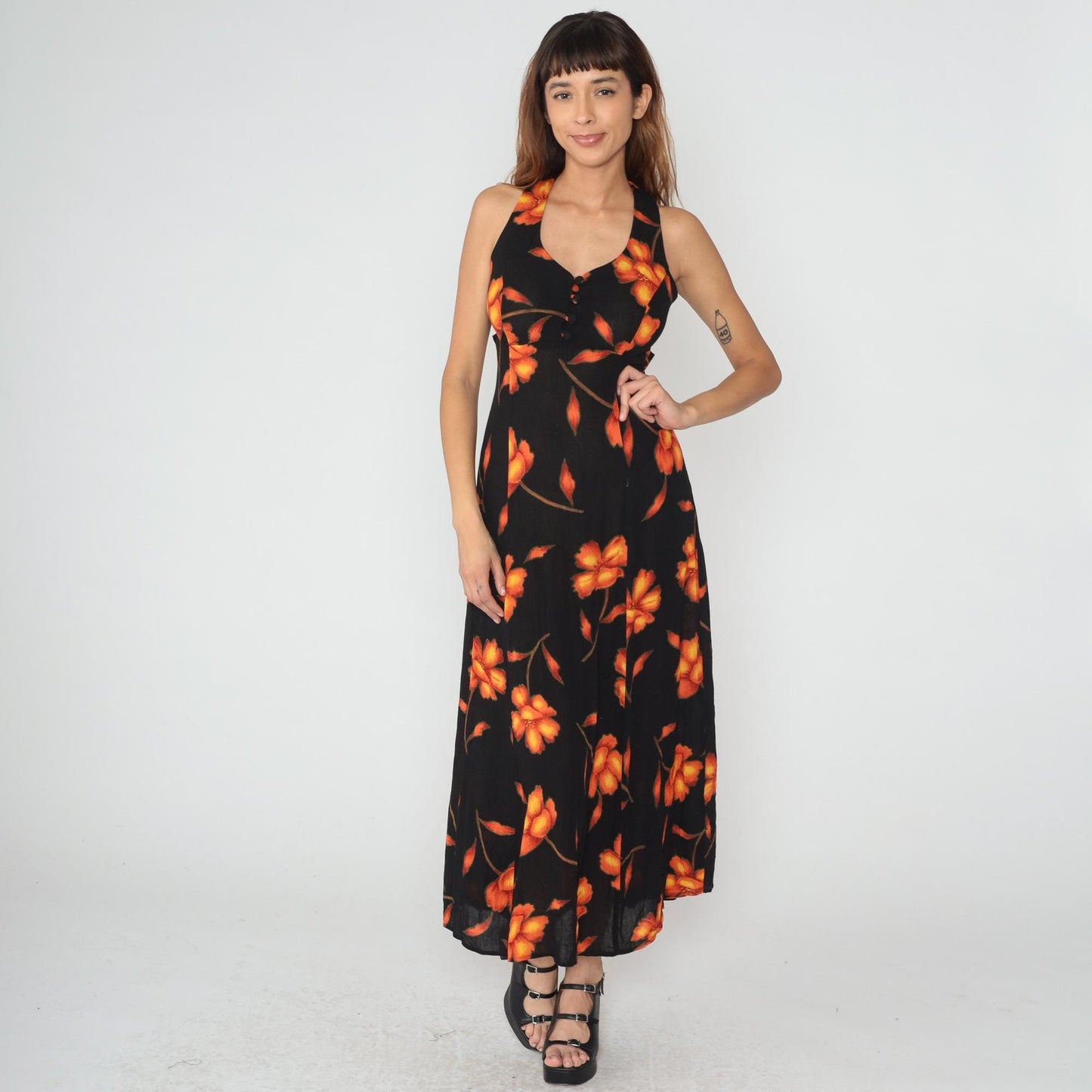 90s Black Floral Maxi Dress Halter Bustier Cross Back Medium