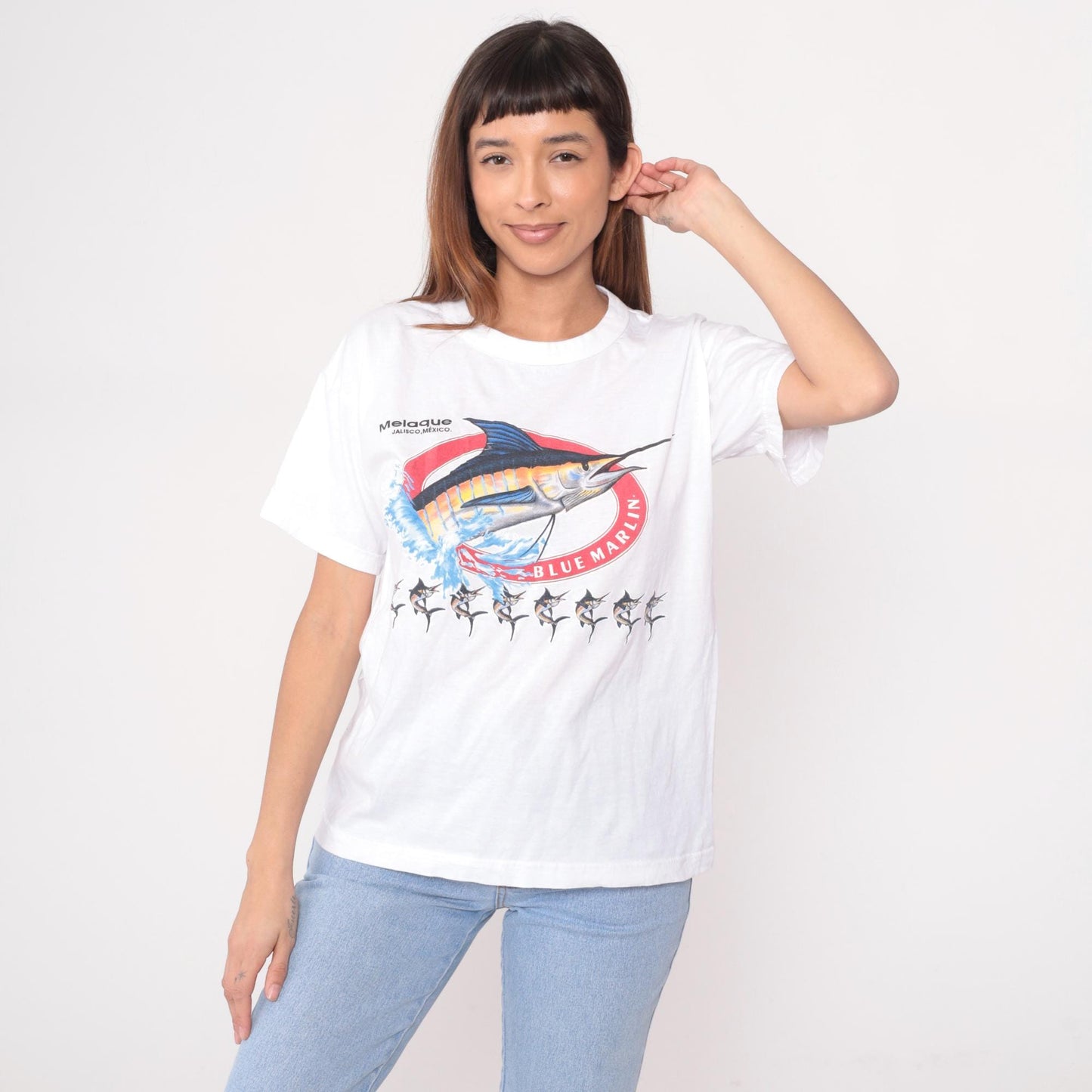 Y2K Blue Marlin Swordfish Graphic Tee Jalisco Mexico White Crew Neck Medium