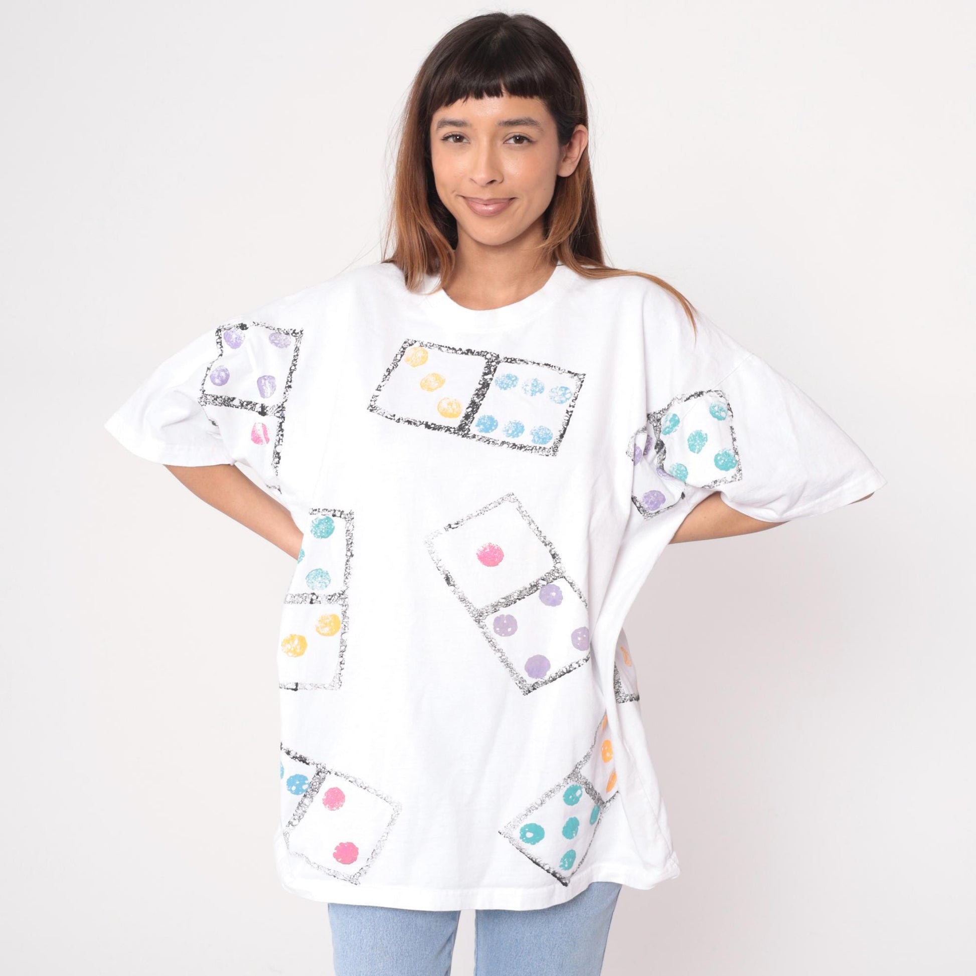 90s Dice Print Cotton T-Shirt White Graphic Tee Colorful Dots Large L