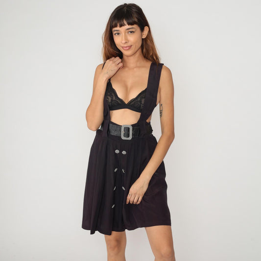 80s Black Romper Knee-Length Geometric Print Belted Shorts Small S