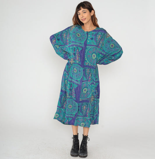 80s Paisley Maxi Dress Turquoise Purple Geometric Print Long Sleeve Extra Large