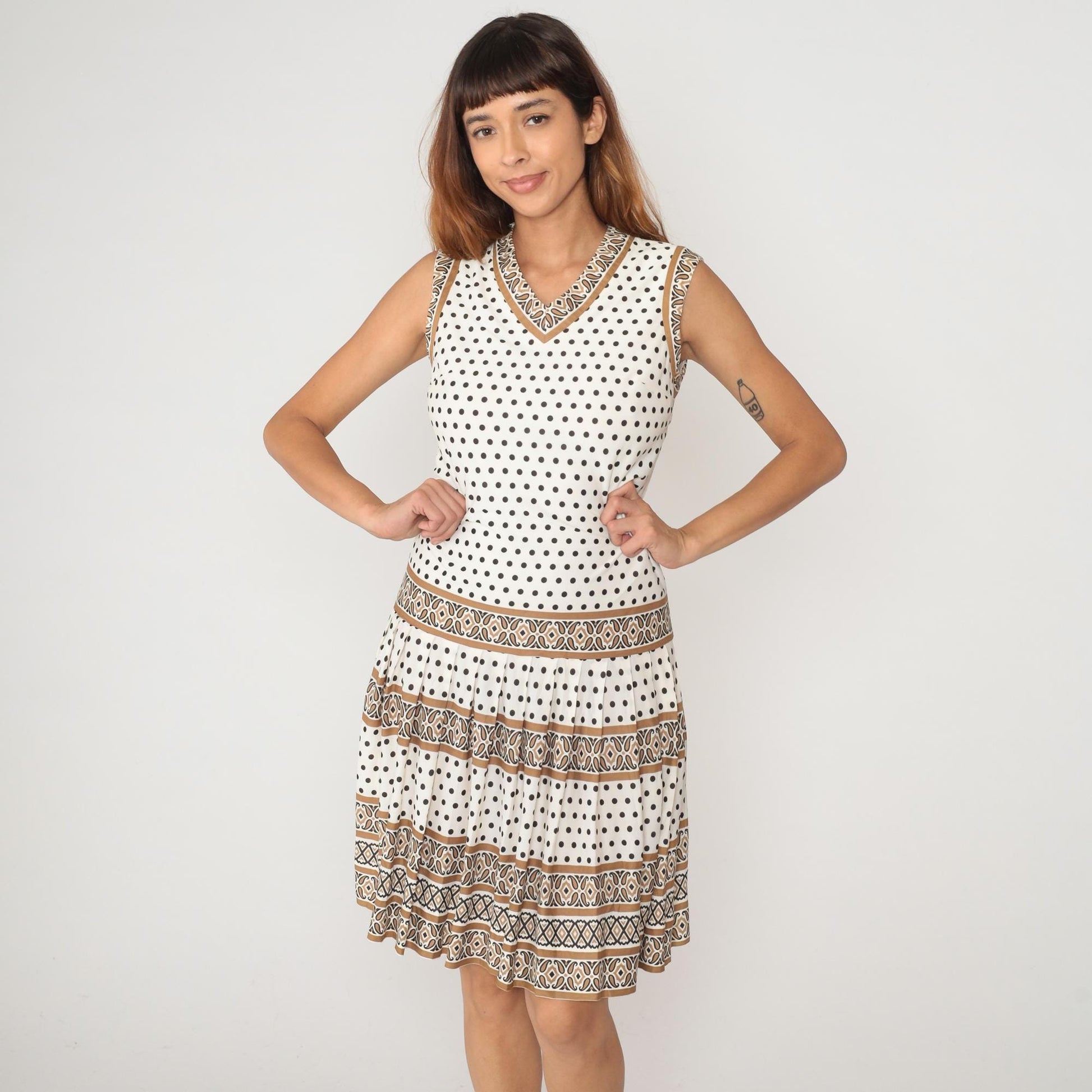 60s Sacony Ciella Drop Waist Shift Dress Cream Brown Polka Dot Small