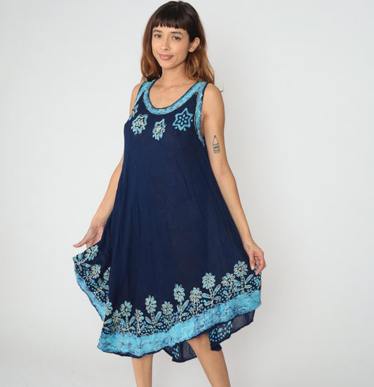 Y2K Navy Blue Floral Embroidered Tank Dress Asymmetrical Hem One Size