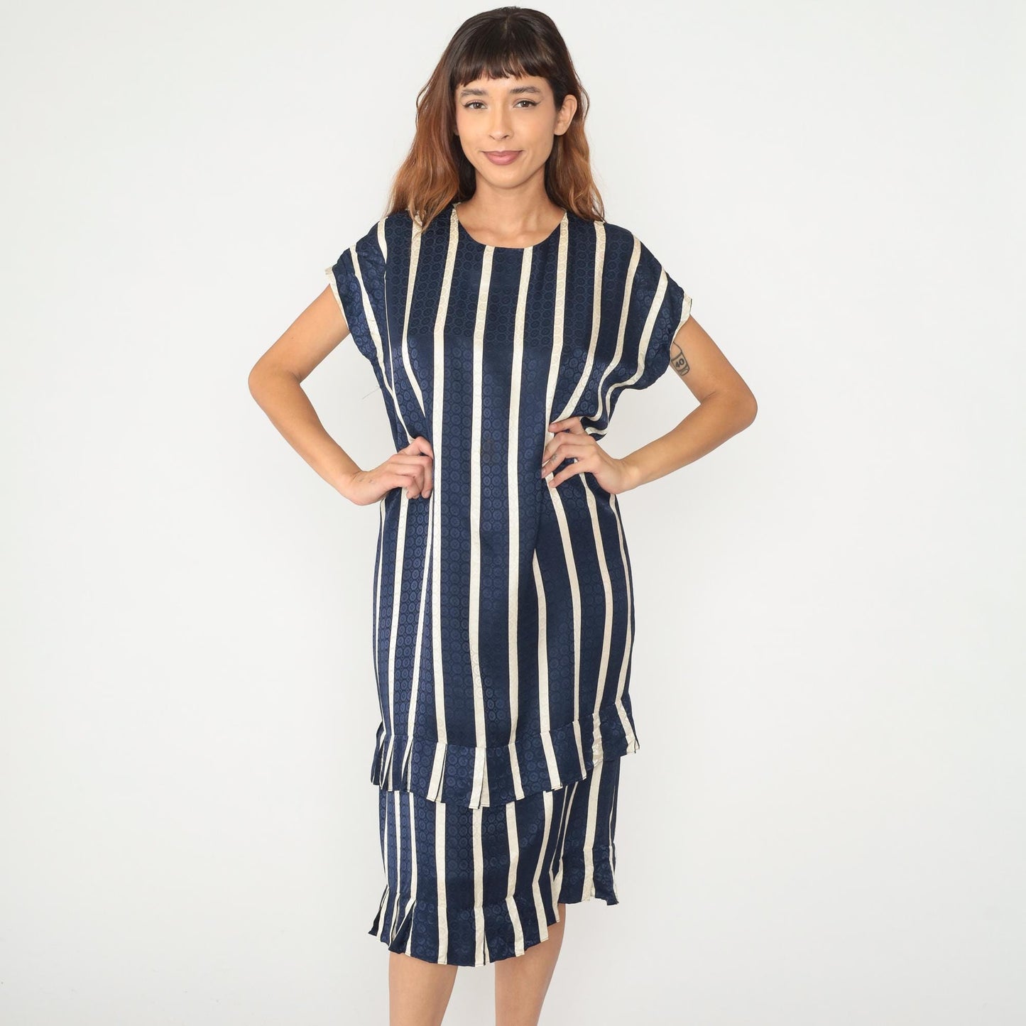 90s Maggy London Silk Striped Shift Dress Navy Cream Geometric Medium