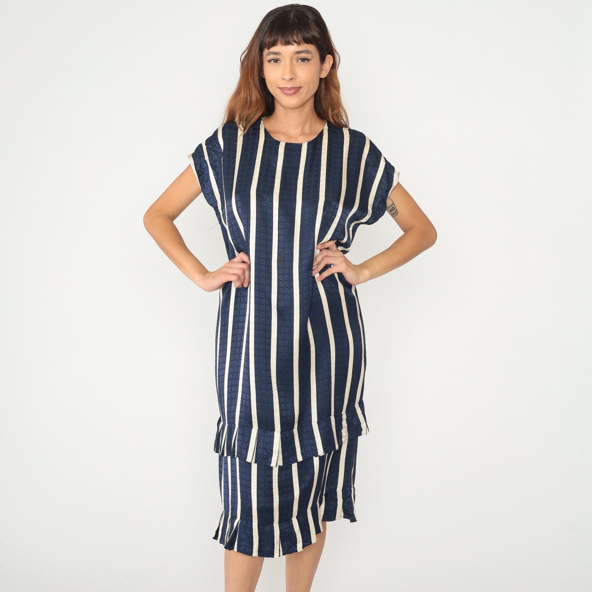 90s Maggy London Silk Striped Shift Dress Navy Cream Geometric Medium