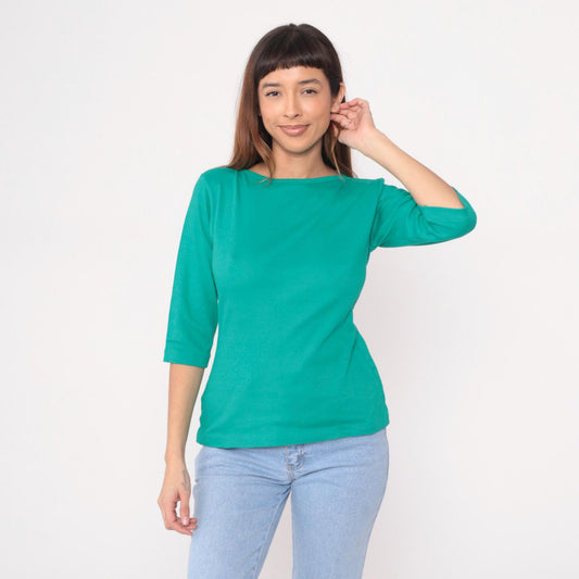 90s LL Bean Teal Boat Neck Cotton Top Three-Quarter Sleeve Medium M