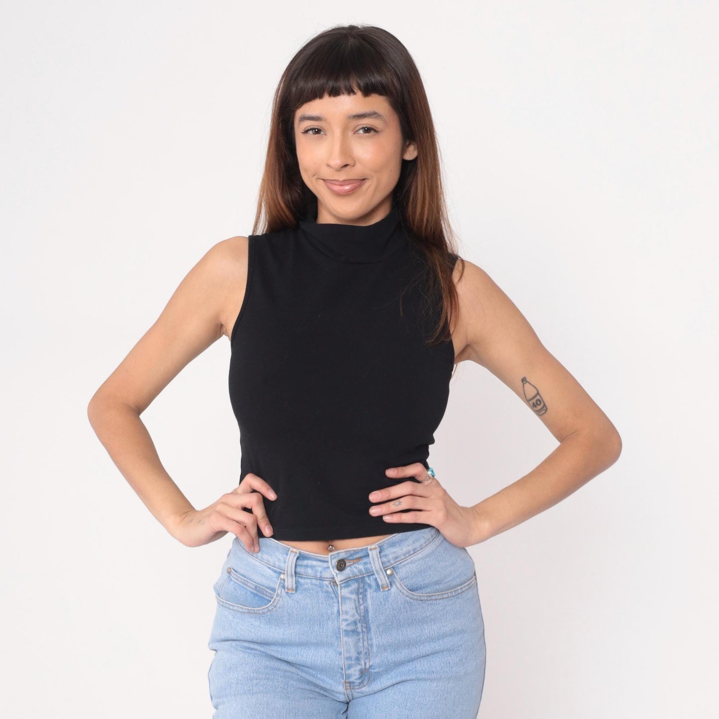 90s Black Sleeveless Mock Turtleneck Crop Top Cotton Knit Small
