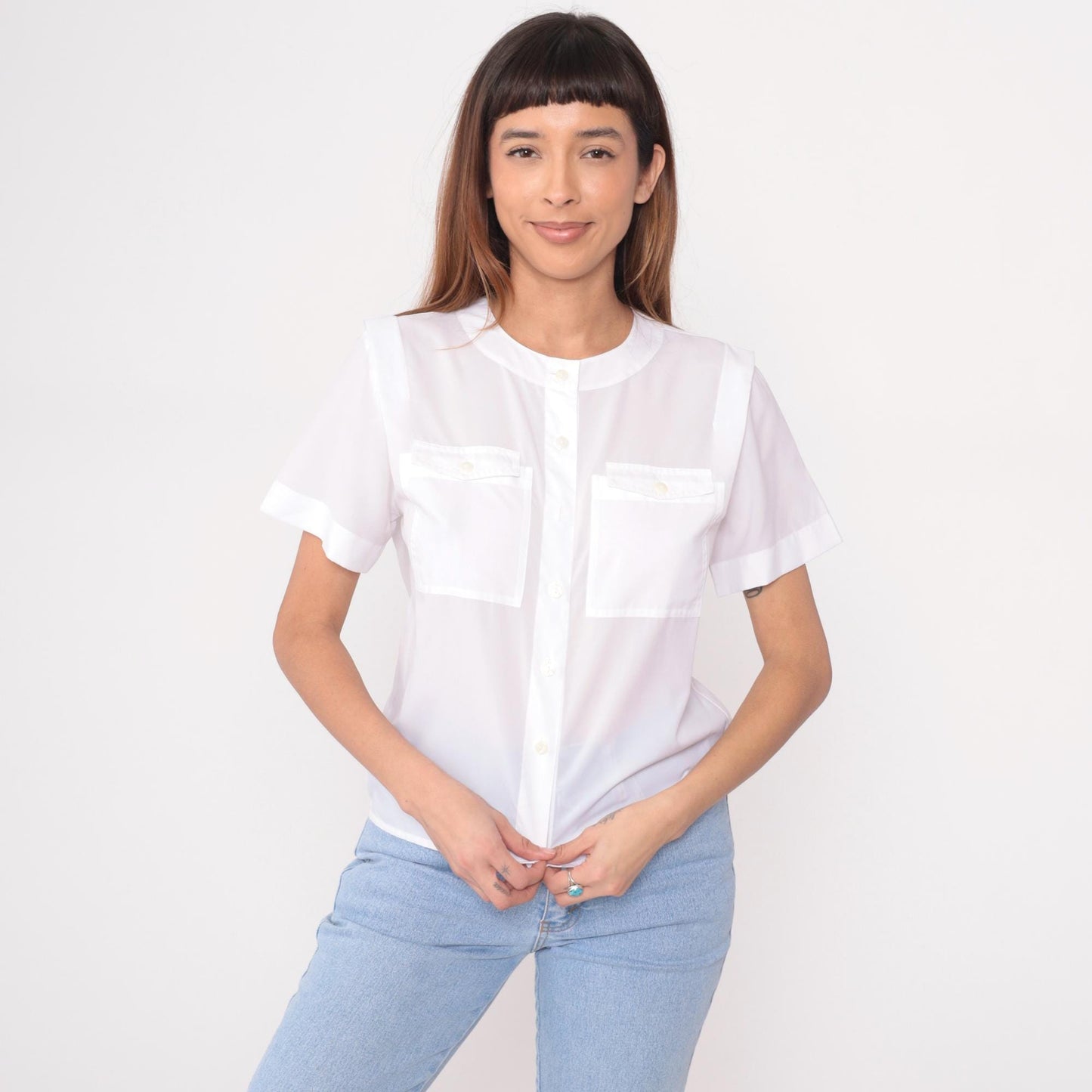 80s White Peter Pan Collar Button-Up Shirt Short Sleeve Medium