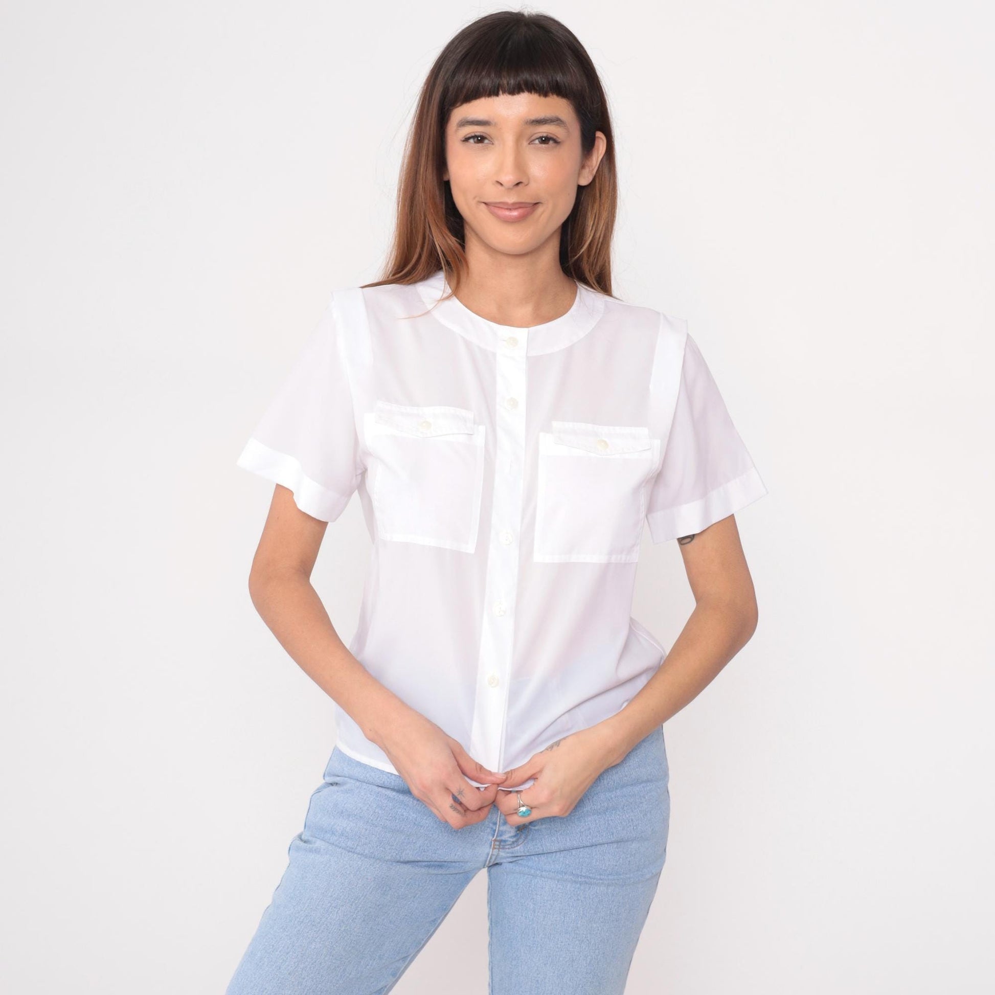 80s White Peter Pan Collar Button-Up Shirt Short Sleeve Medium