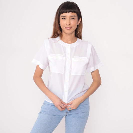 80s White Peter Pan Collar Button-Up Shirt Short Sleeve Medium