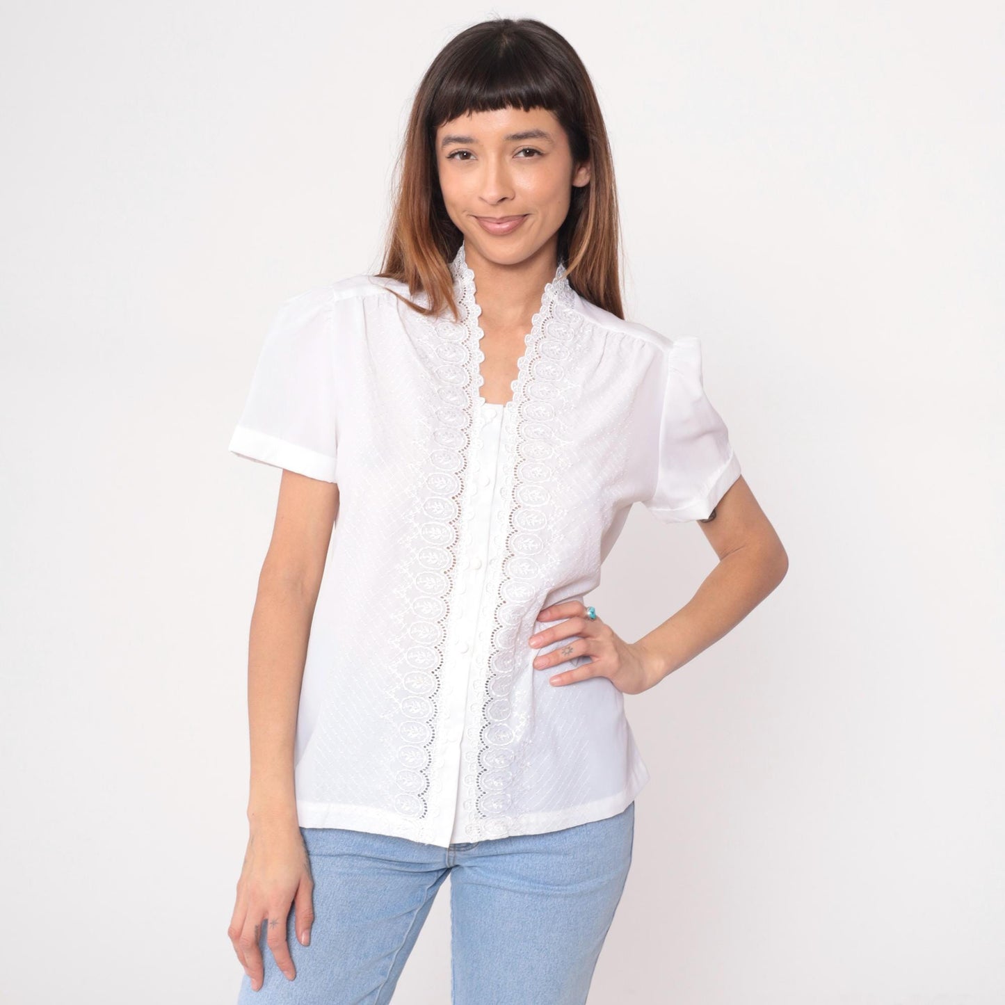 80s White Lace Blouse Scalloped Eyelet Puff Sleeve Textured Diamond Large