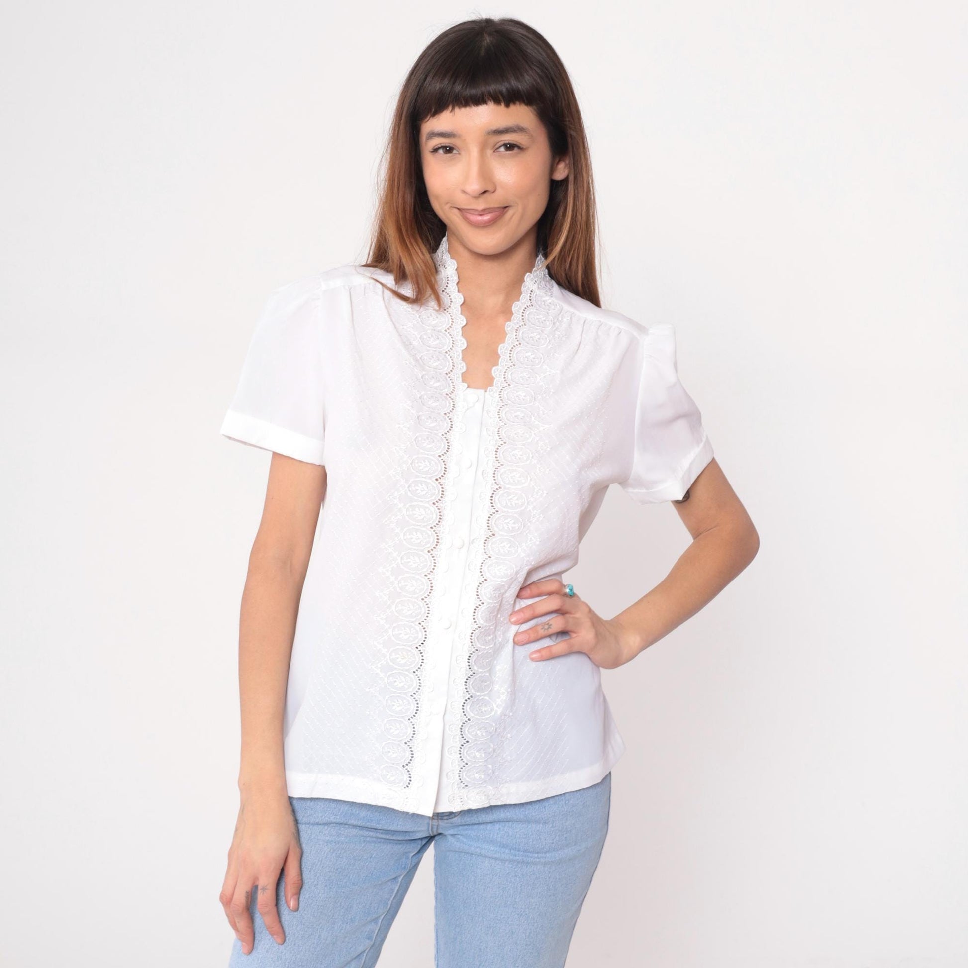 80s White Lace Blouse Scalloped Eyelet Puff Sleeve Textured Diamond Large